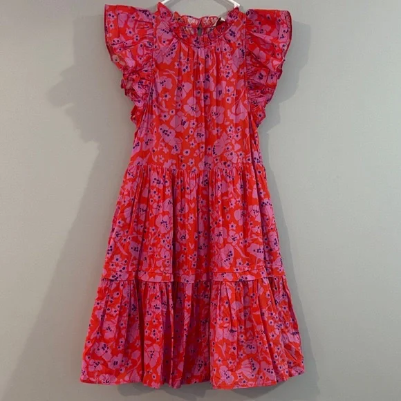 Girls' Bright Pink Floral Tiered Midi Dress with Ruffle Sleeves - Picture 1 of 3